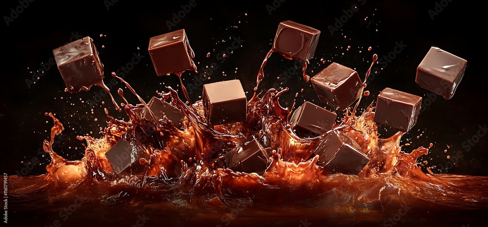 Poster chocolate cubes splashing into a rich liquid, creating an enticing visual effect.