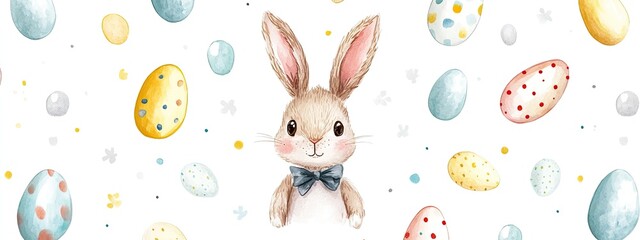 A cute rabbit with a bowtie surrounded by colorful Easter eggs on a light background.