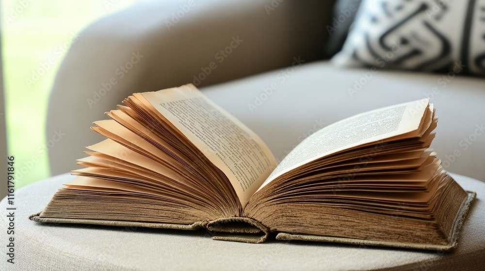 Poster an open book resting on a round table, showcasing its pages in a cozy setting.