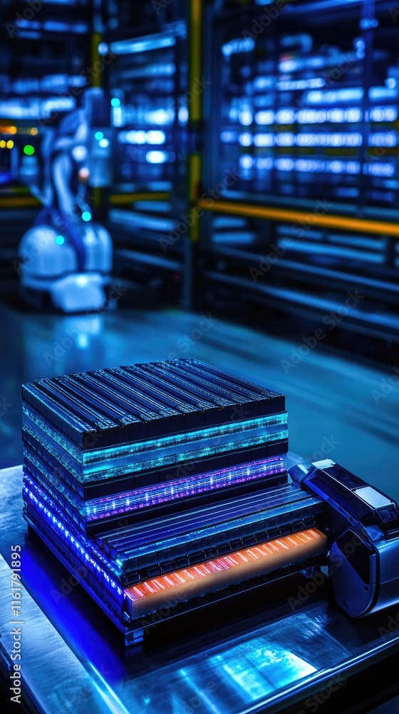 Poster a robotic arm operates in a high-tech industrial setting with illuminated stacked materials.