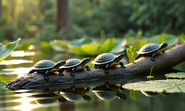 A group of miniature turtles sunbathing on a log in a tranquil pond with lily pads, peaceful and natural
