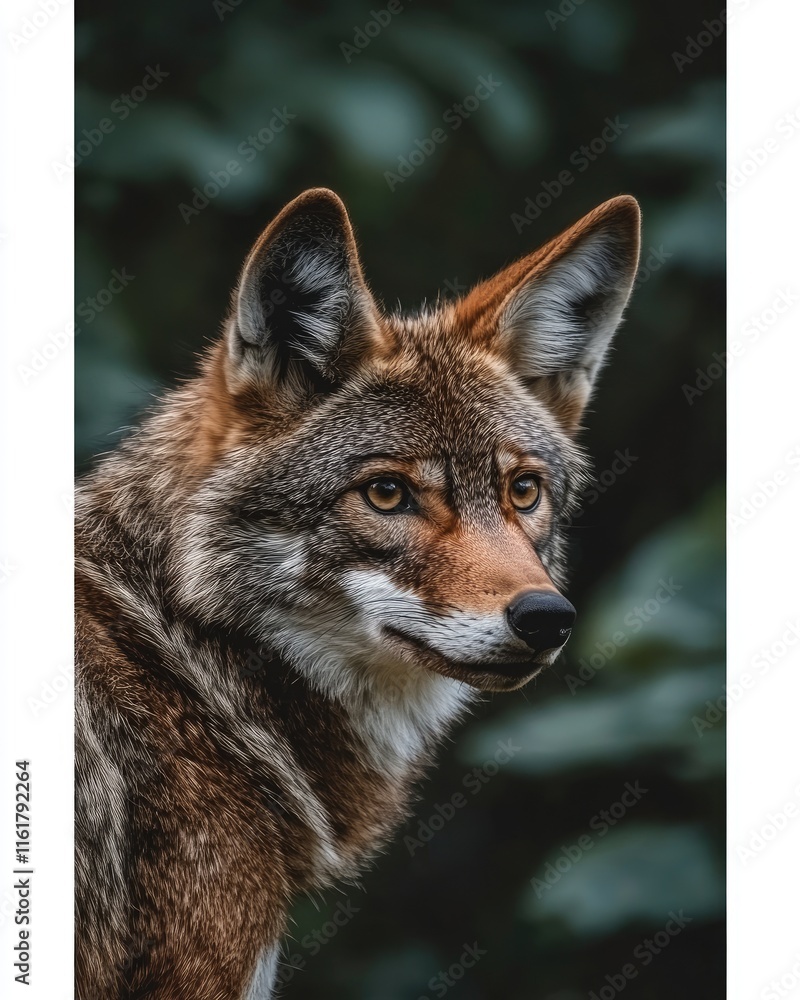 Poster a close-up of a coyote showcasing its sharp features and natural habitat.