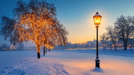 Winter Landscape with Snowy Path and Glowing Christmas Tree Lights