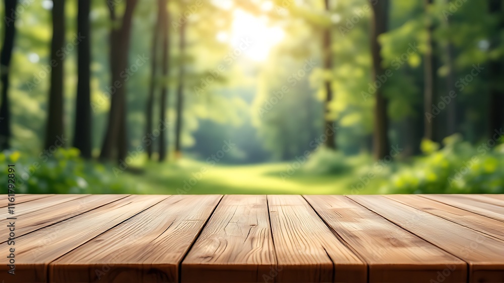 Poster a close up of a rustic empty wooden table with blurred pine forest background