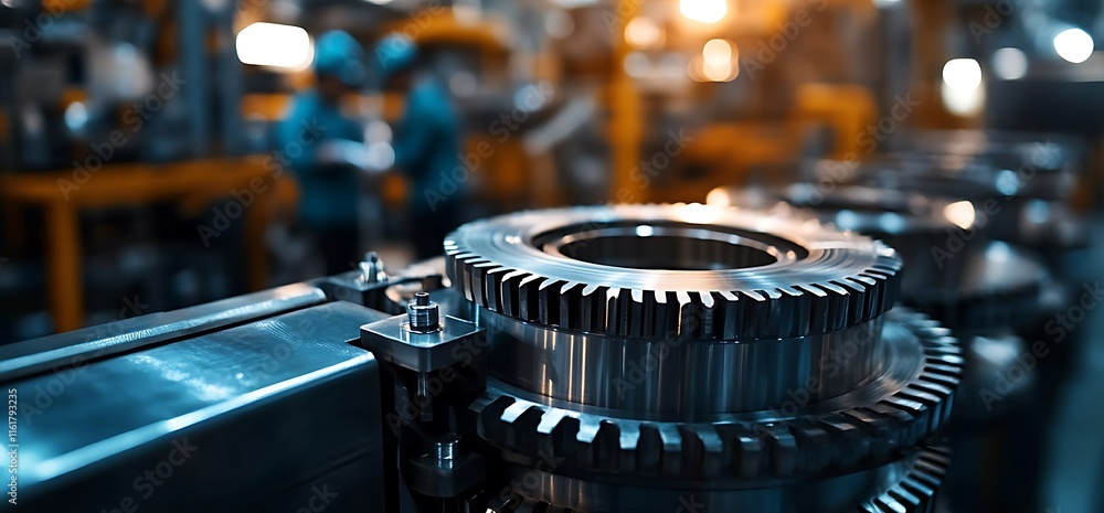 Poster close-up of industrial gears in a factory setting with workers in the background.