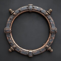 Circular copper steampunk frame, metallic texture, grunge style.
