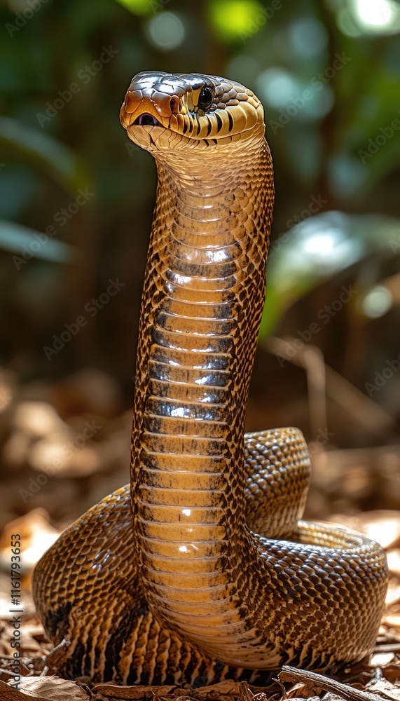 Poster a close-up of a snake with a distinctive posture in a natural setting.