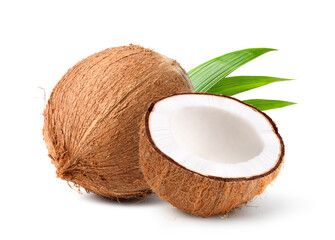 Coconut fruit with cut in half isolated on white background.