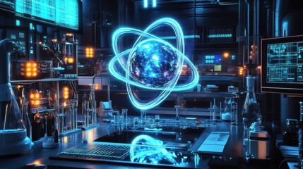 A highly magnified atom surrounded by scientific instruments and glowing screens in a cutting-edge lab.