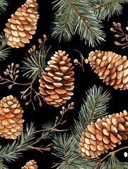 Obraz premium A decorative pattern featuring pine cones and evergreen branches on a black background.