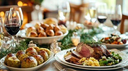 A formal dinner setting with a roast, vegetables, and wine, beautifully plated for Mother's Day.