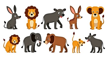 Fototapeta premium Charming Animal Cartoon Illustration Set Featuring Cute Lions, Elephants, and More for Children's Books and Educational Material