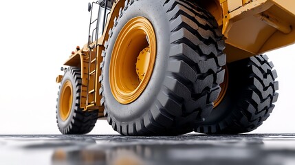 Close-up view of heavy machinery tires on a construction site.