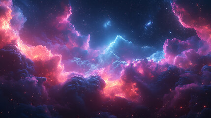 Obraz premium Abstract clouds of cosmic energy float in a dark galaxy, showcasing vivid colors and intricate patterns as they swirl amidst twinkling stars and glowing nebulas
