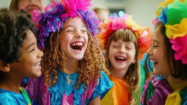 Naklejki A group of kids playing dress-up in colorful costumes, laughing and smiling together.