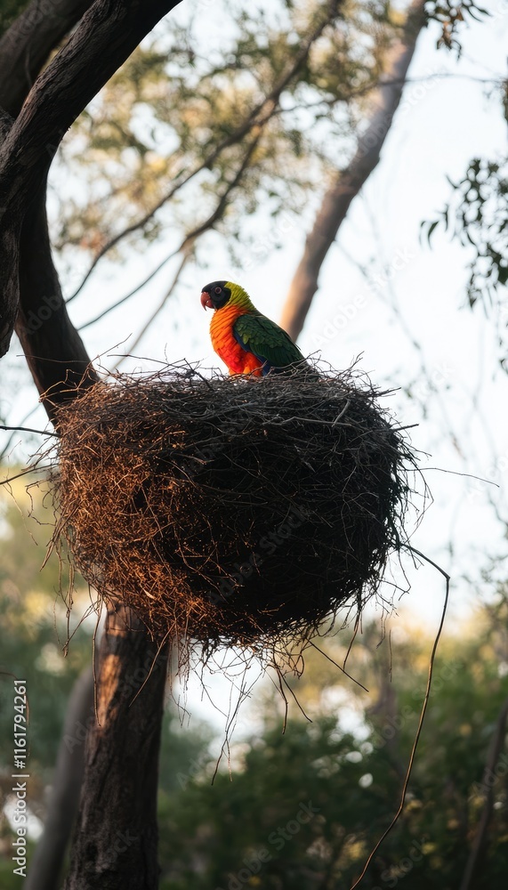 Aufkleber a colorful parrot perched in a large nest on a tree branch during daylight.