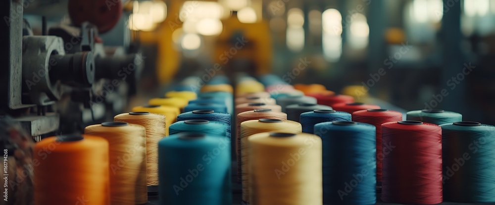Poster colorful spools of thread arranged in a factory setting for textile production.