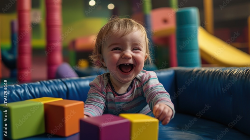 Poster a giggling toddler playing with colorful stacking blocks on a soft play mat.