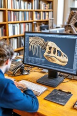 A person working on a computer displaying a dinosaur skull model in a library setting.