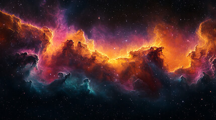 Abstract cosmic clouds float gracefully in a dark galaxy, illuminated by vibrant nebulas in deep purples, blues, and fiery oranges, creating a stunning celestial display