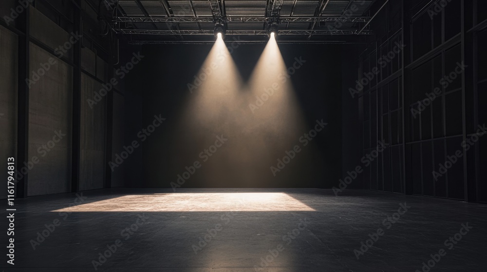 Poster a minimalist stage with a single bright spotlight casting a shadowy ambiance in an empty performance