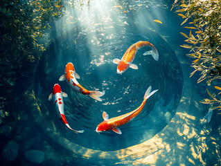 Artistic view of koi fish swimming in a circular pattern, framed by water plants and sunlight beams penetrating the surface © Nichapa888