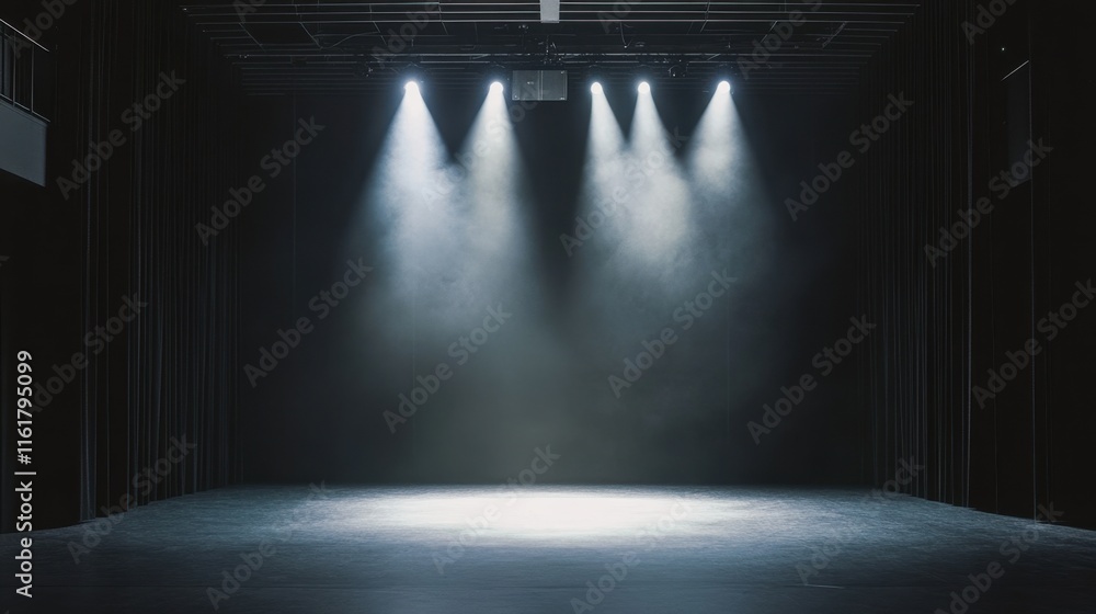Poster a minimalist stage with a single bright spotlight casting a shadowy ambiance in an empty performance