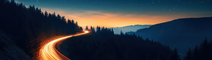 scenic mountain road lit by car trails at night under starry sky