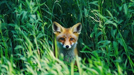 Obraz premium A young red fox peeking out from behind tall grass in a serene forest setting.