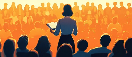 A woman stands in front of a large crowd, holding a book. The audience is attentive and engaged, and the woman is giving a presentation or lecture. Concept of importance and focus