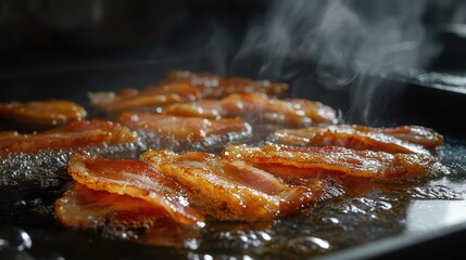 Fototapeta premium Crispy Bacon Cooking on a Pan with Steam Rising in a Kitchen Setting