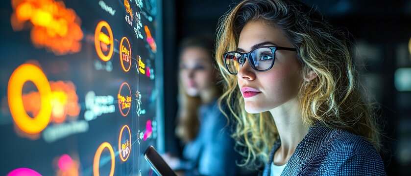 Young Woman Analyzing Data on Digital Screen