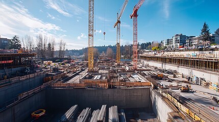Construction site with cranes and building materials under a clear sky.