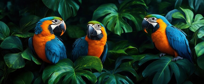 Three Blue-and-Gold Macaws in Lush Tropical Foliage