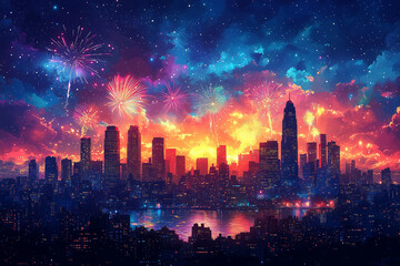 Fototapeta premium Abstract Fireworks Display Over City Skyline at Midnight