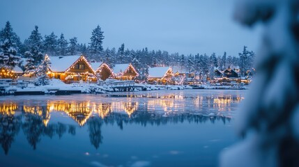 Fototapeta premium Scenic Winter Village with Snowy Landscape and Festive Lights