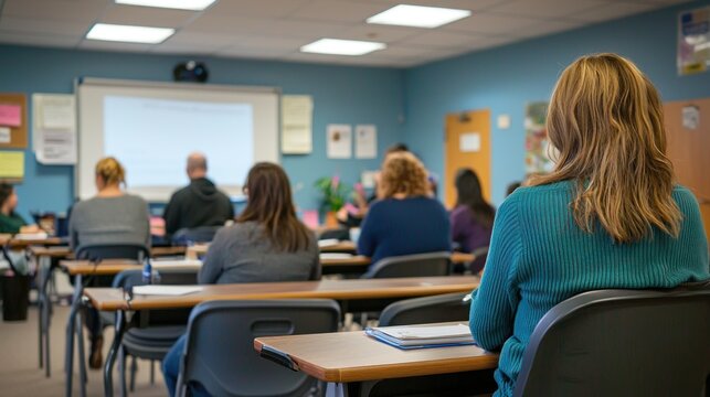 A classroom of adults listening attentively to a teacher during an evening class.