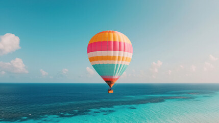 Fototapeta premium Colorful hot air balloon over turquoise ocean aerial view travel photography serene landscape
