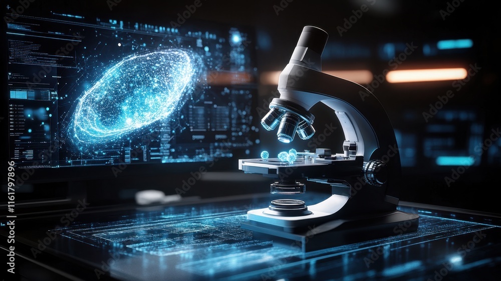 Poster a sleek microscope focusing on particles, with holographic screens displaying analysis in the backgr
