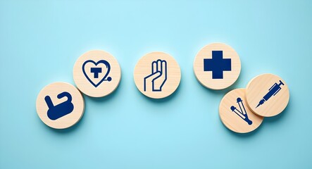 Health insurance and medical care concept. A set of wooden blocks displaying services, health-related icons, medical care, health insurance, and medication. healthcare protection, insurance coverage