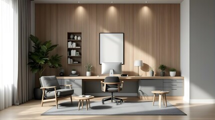 Modern Home Office Interior Design: Minimalist Workspace with Wooden Walls, Gray Accents, and Natural Light