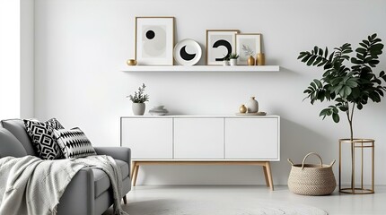 Minimalist Living Room Interior Design with Gray Sofa, White Cabinet, and Gold Accents