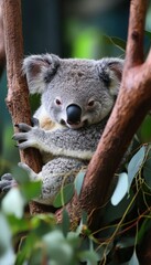 A koala perched on a tree branch surrounded by green leaves.