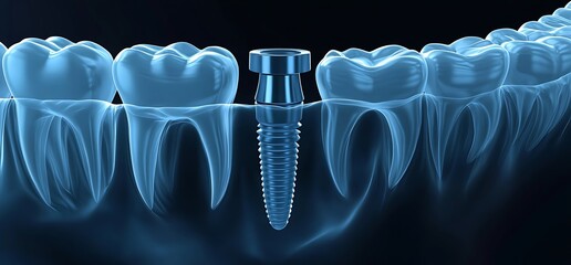 Digital illustration of a dental implant among human teeth.