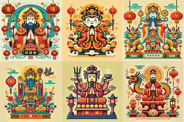 Chinese New Year god of wealth, riches and prosperity, with golden treasures and flower of lotus, raster from vector illustration