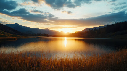 Fototapeta premium Sunset reflection over serene lake mountain landscape nature photography peaceful environment wide angle view tranquility concept