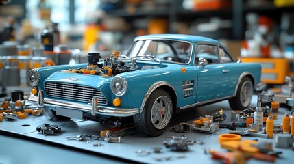 Classic car model under repair in workshop.