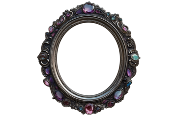 Oval silver frame with embedded gemstones, luxury aesthetic. Isolated on transparent background cut out