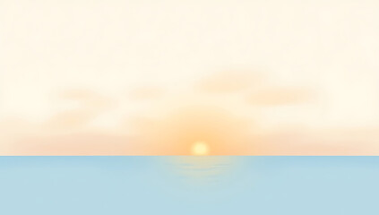 Obraz premium A minimalist illustration of a calm sea with a setting sun on the horizon, soft gradients blending orange and blue tones.