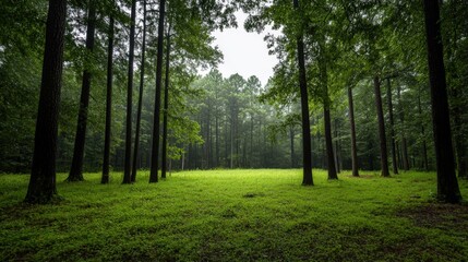 Lush Green Forest Clearing Surrounded by Tall Trees with Misty Atmosphere Inviting Peaceful Nature Retreat and Outdoor Exploration in Tranquil Environment